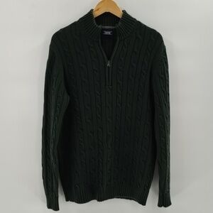 IZOD cable knit quarter zip pullover sweater large dark green 100% cotton Izod